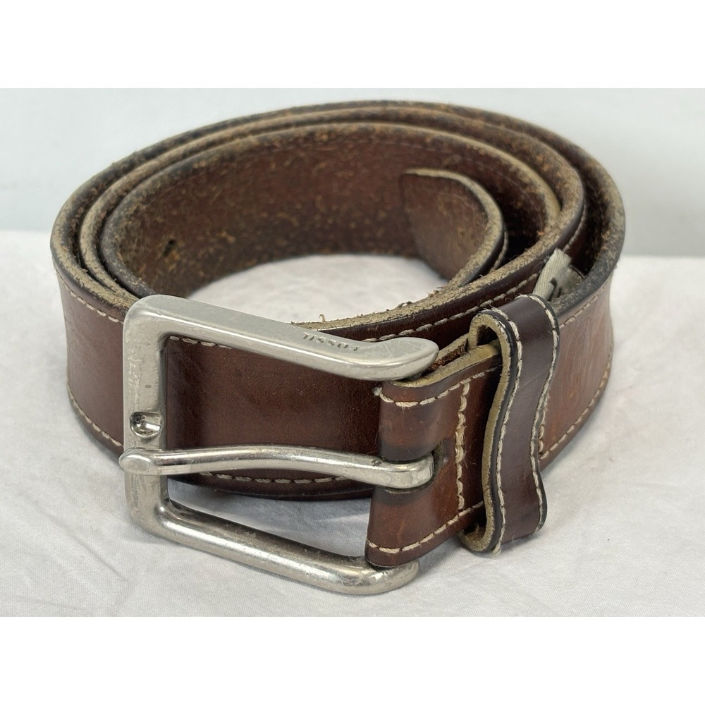 Vtg Fossil Brown Leather Belt Sz 36 Men's Distressed 1.25" Wide